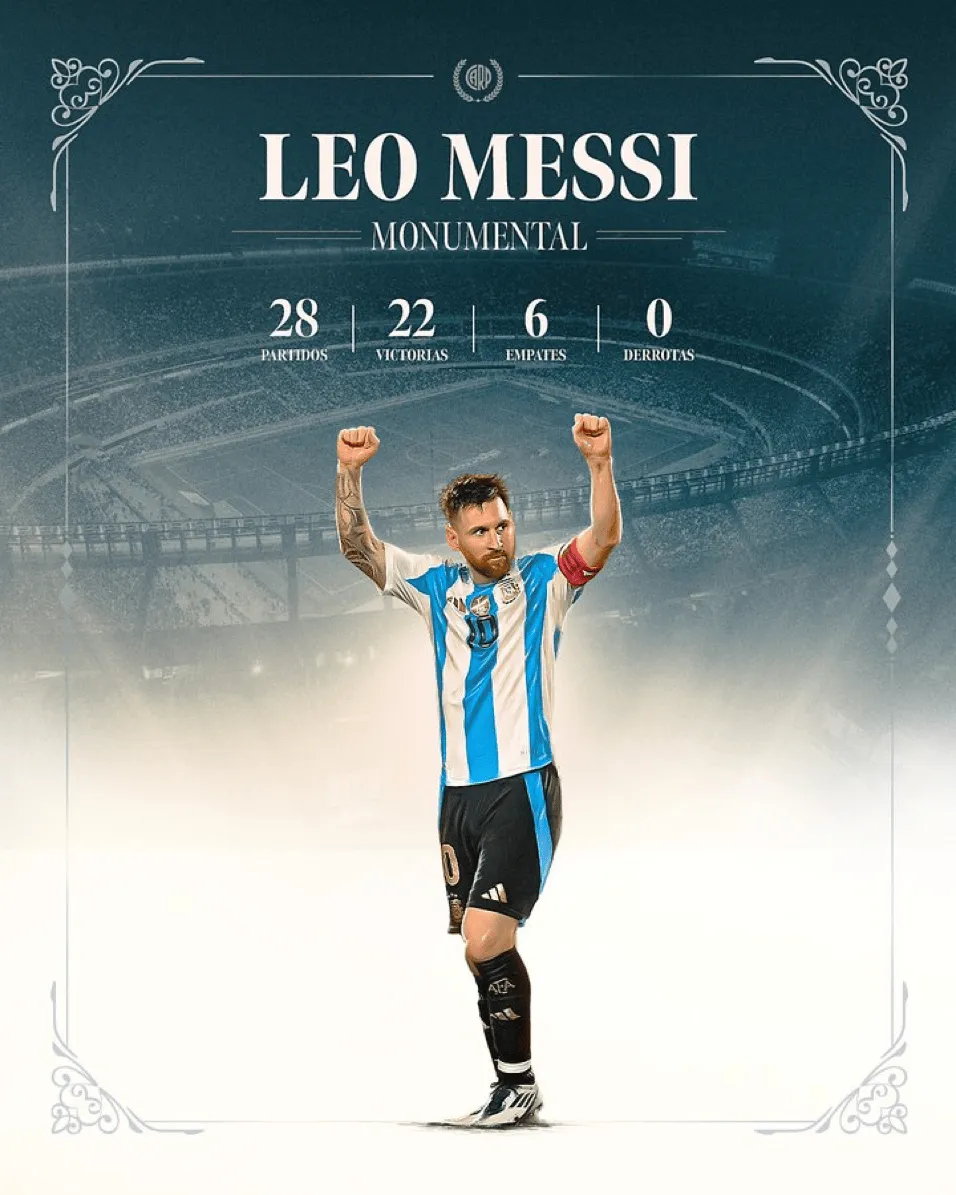 开云电子-梅西在纪念碑球场共参加28场比赛，取得22胜6平的不败战绩